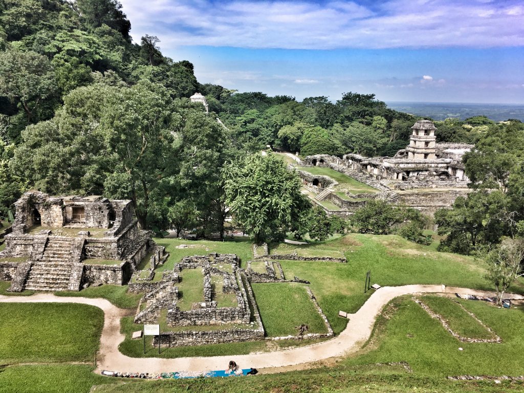 A drone image of Palenque, one of the important ruins in Mexico. A few structures can be seen among the vegetation
