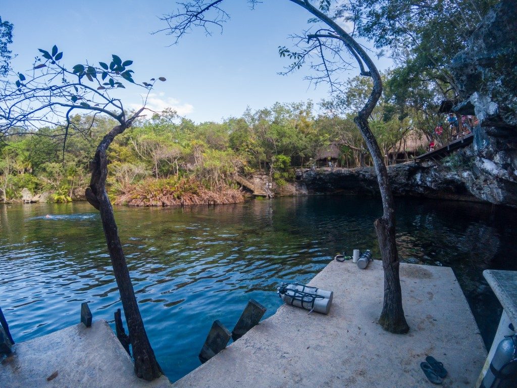 Wooden platforms around Cenote Jardin del Eden, a very famous cenote among scuba divers.