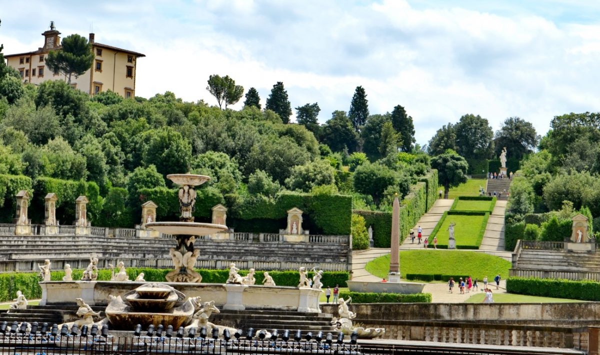 Formal terraces, hedges, and stone balustrades in Florence’s Boboli Gardens.