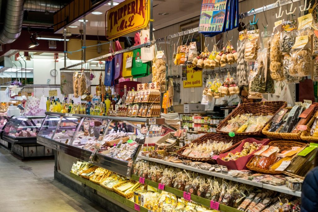 Image of Mercato Centrale, with a meat stall displaying its products
