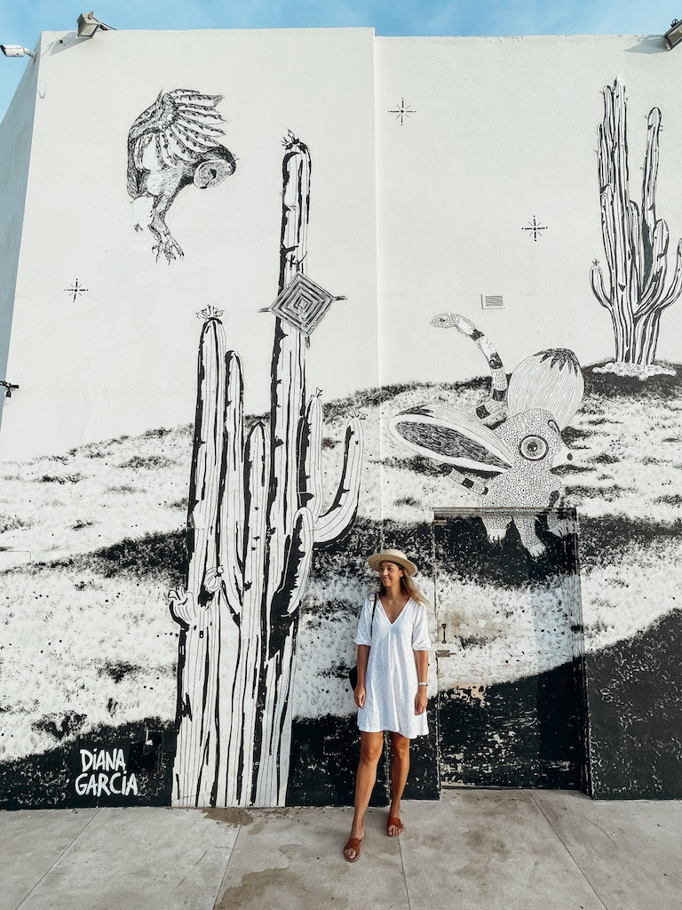 A woman standing in front of a wall with black and white street art