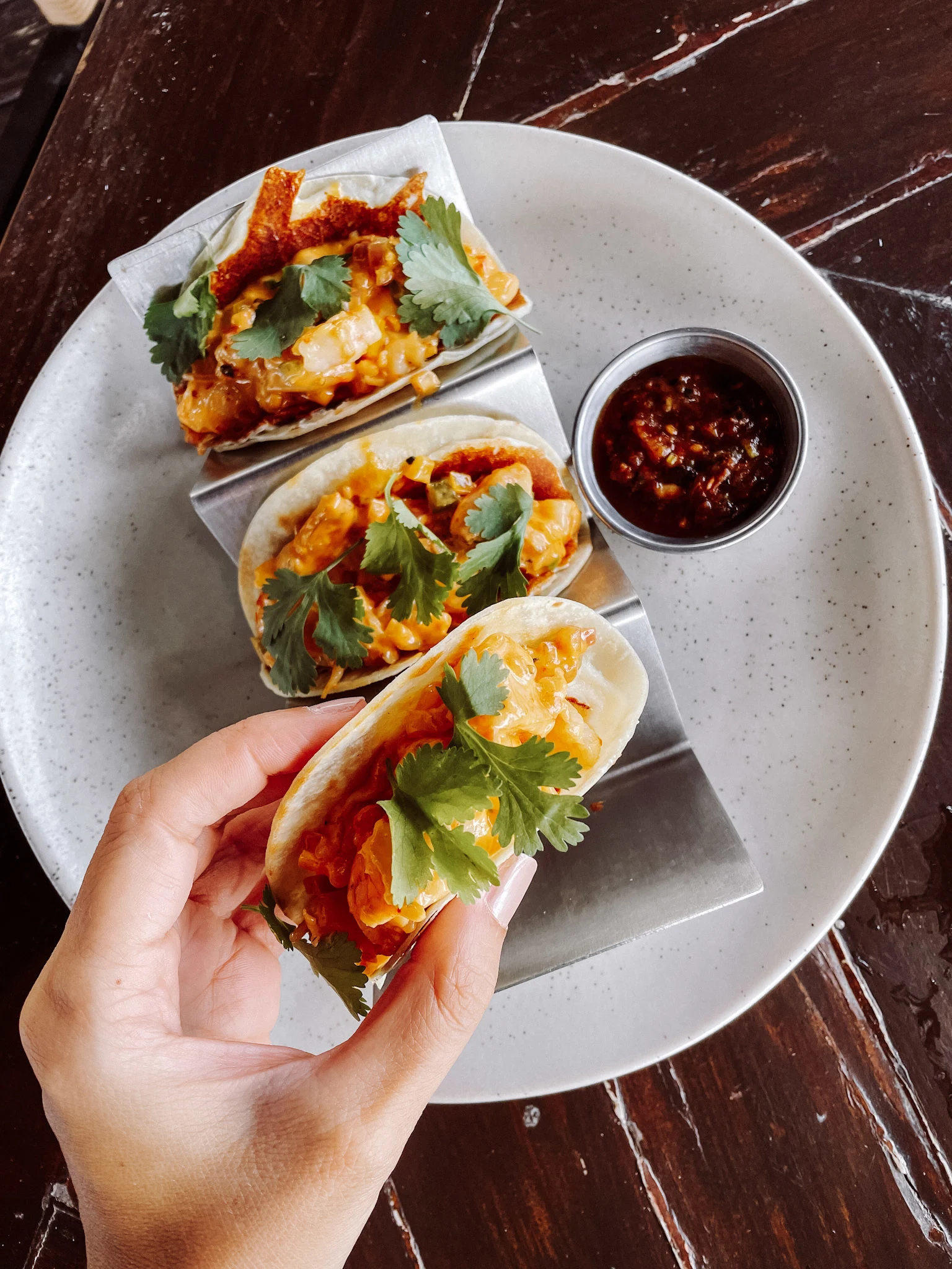 Close up of a hand holding a small taco over a white plate with two other tacos