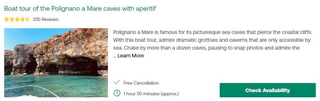Boat tour of the Polignano a Mare caves with aperitif