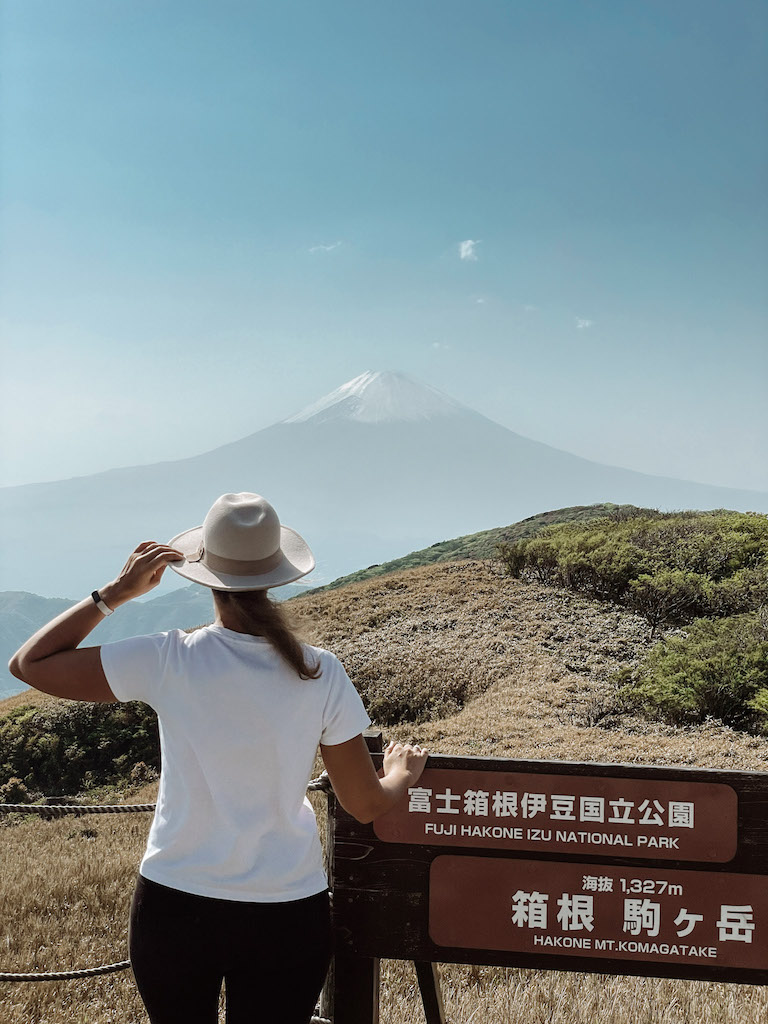 Woman standing at a viewpoint over Mount Fuji inserted in a post about the best Mount Fuji tours from Tokyo.