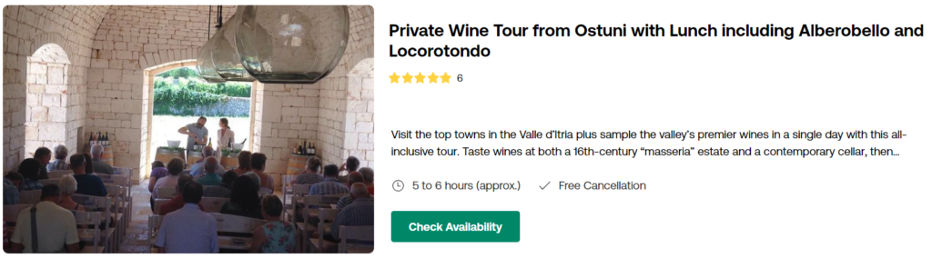 Private Wine Tour from Ostuni with Lunch including Alberobello and Locorotondo