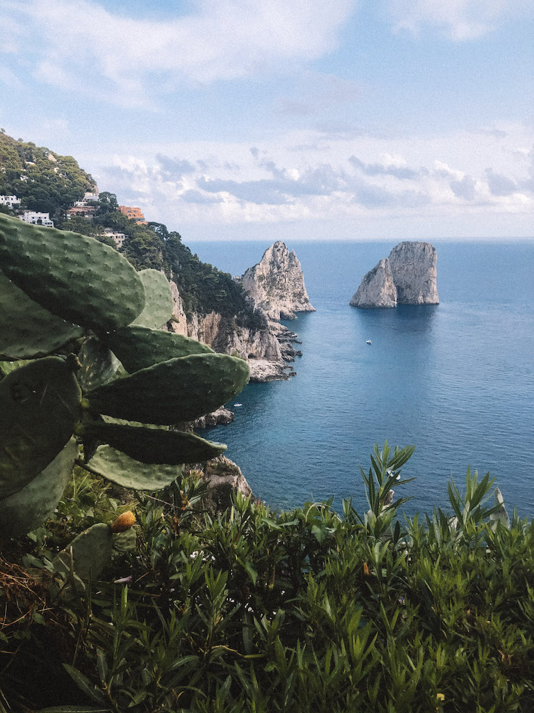The famous Faraglioni of Capri from a viewpoint.