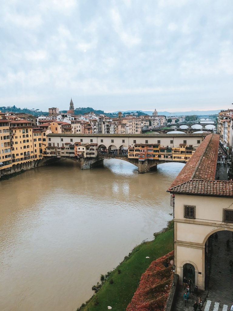 Image of Ponte Vecchio in Florence shot from the Uffizi Gallery, inserted in a roundup of the best Florence walking tours.