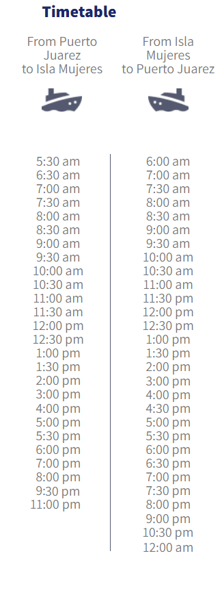 Schedule of the ferry from Cancun to Isla Mujeres