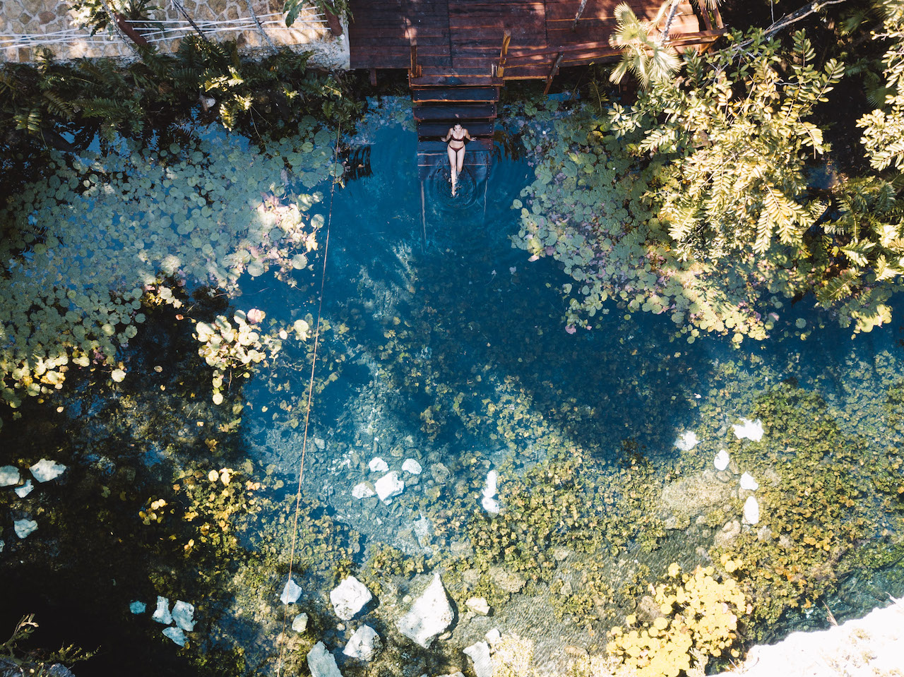 Drone photo of a woman in bikini sitting on a wooden staurcase that goes down an open cenote covered in lilies and plants, taken during a cenote tour in Playa del Carmen. 
