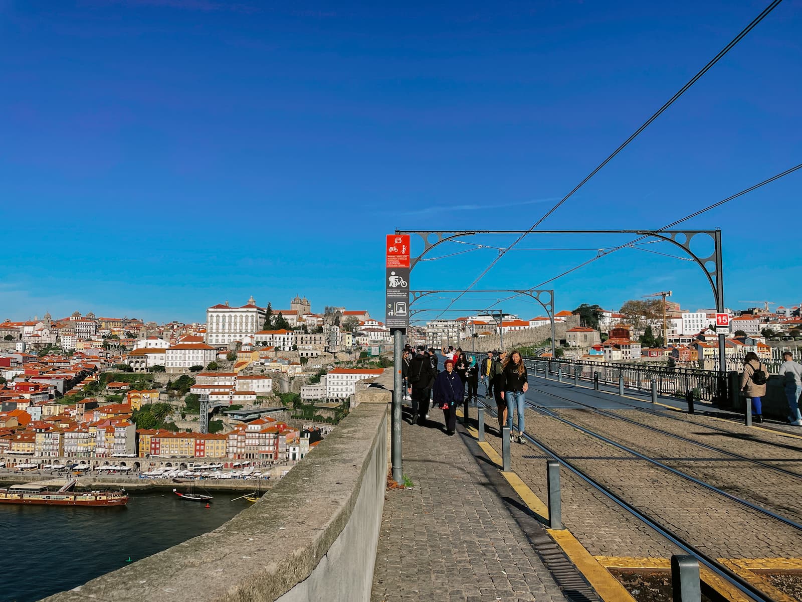 People walking on the upper level of Dom Luís I Bridge with views of Porto and the river