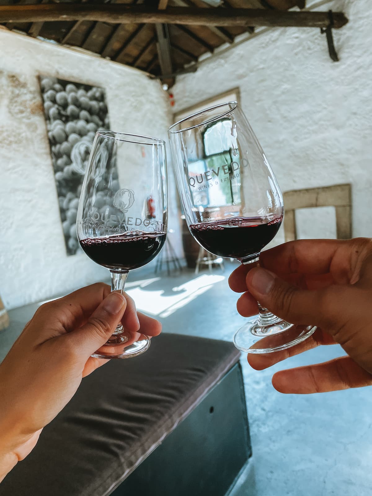 Two hands holding glasses of red wine during a tasting in a Porto wine cellar