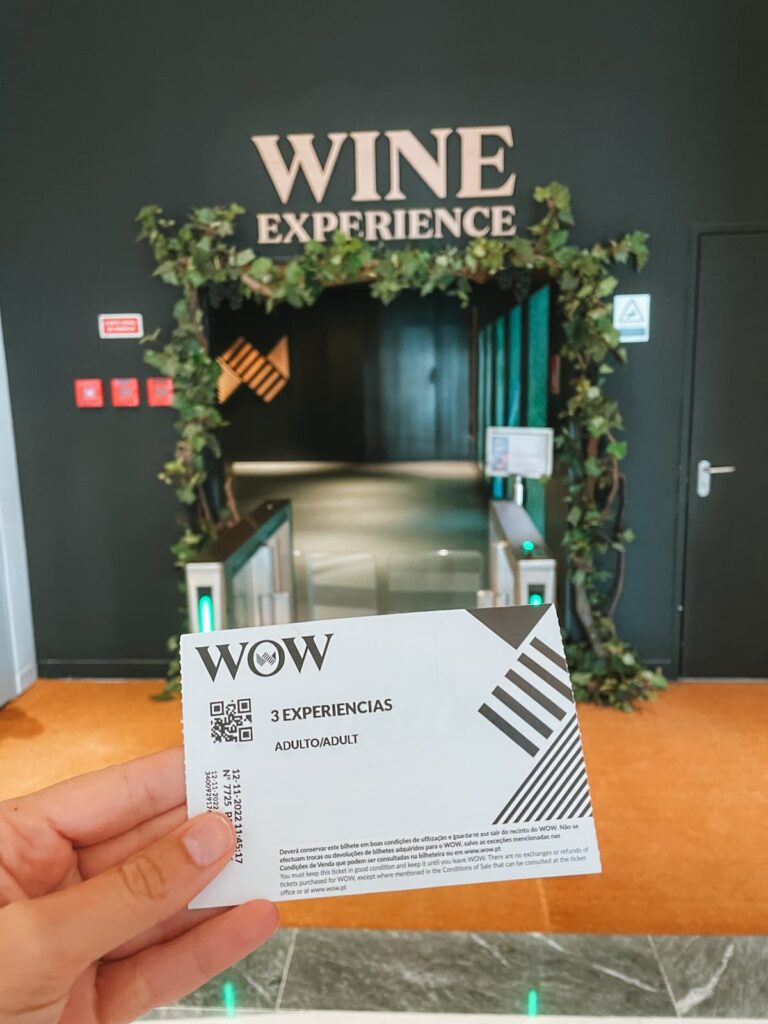 Hand holding a ticket at the entrance of WOW World of Wine museum in Vila Nova de Gaia