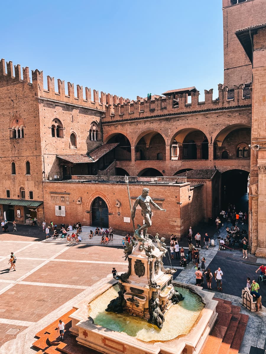 Neptune Fountain and Palazzo Re Enzo seen from above in Bologna.