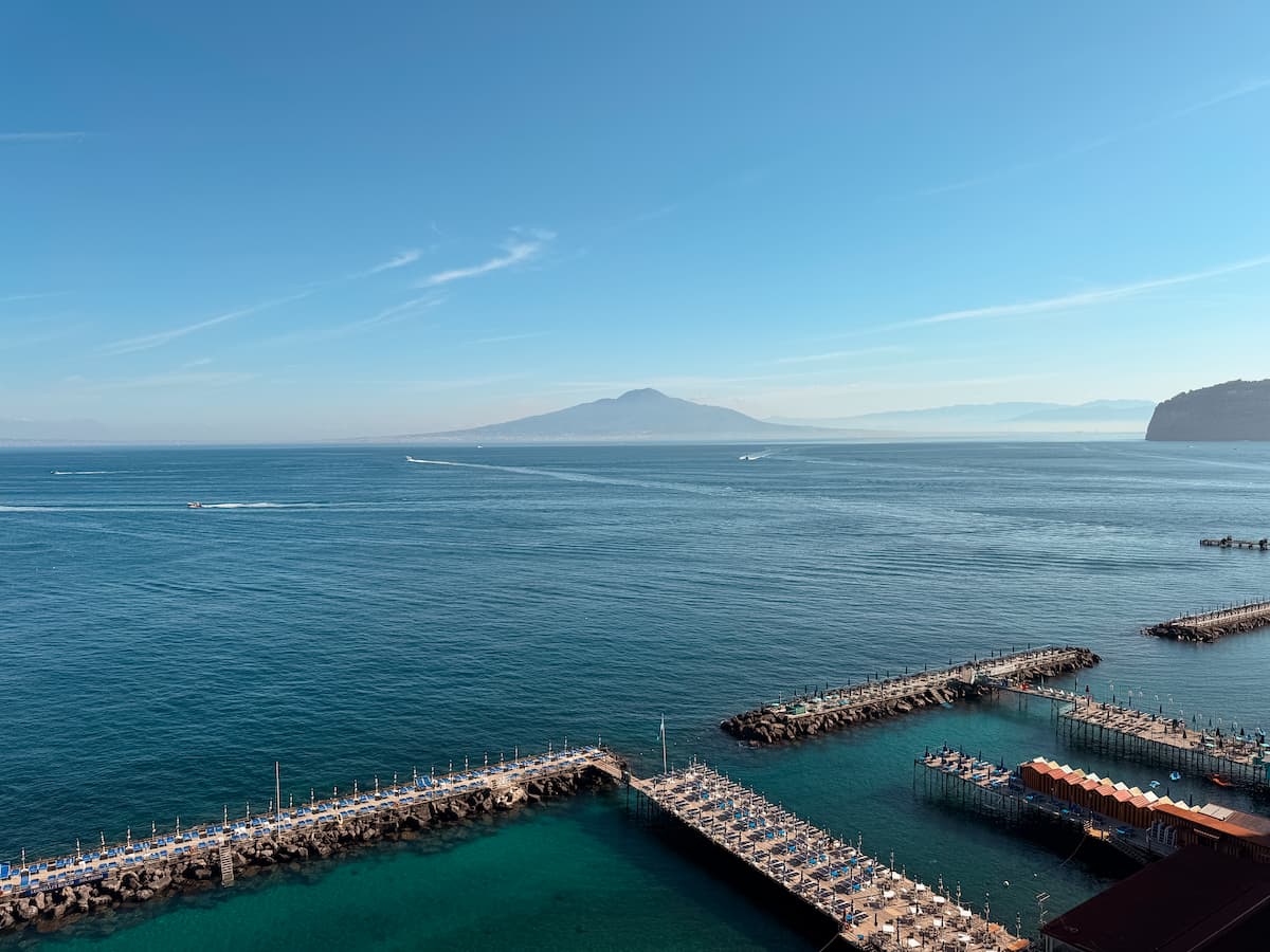 View of the Bay of Naples and Mount Vesuvius from Villa Comunale in Sorrento.